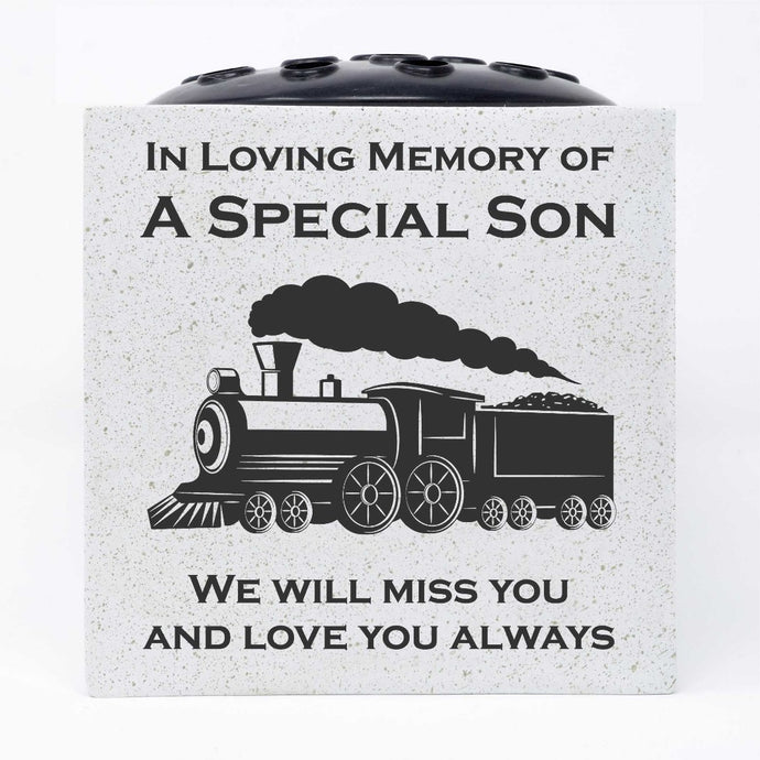 Special Son Steam Train Memorial Graveside White Flower Bowl Vase