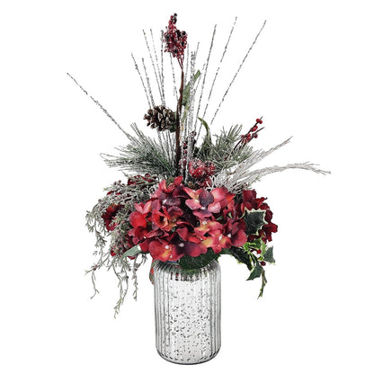 Sparkling Glitter Silver Christmas Red Hydrangea Artificial Flower Arrangement