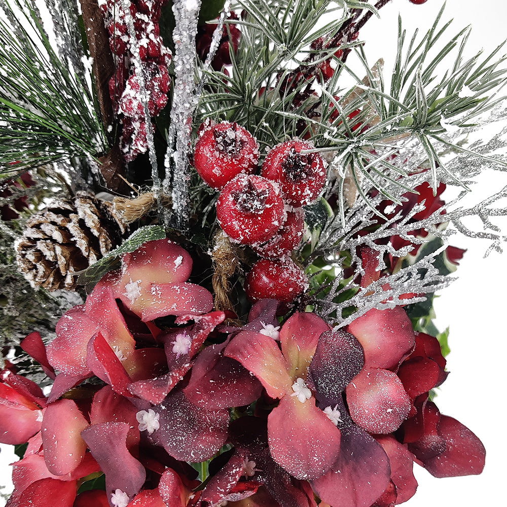 Sparkling Glitter Silver Christmas Red Hydrangea Artificial Flower Arrangement