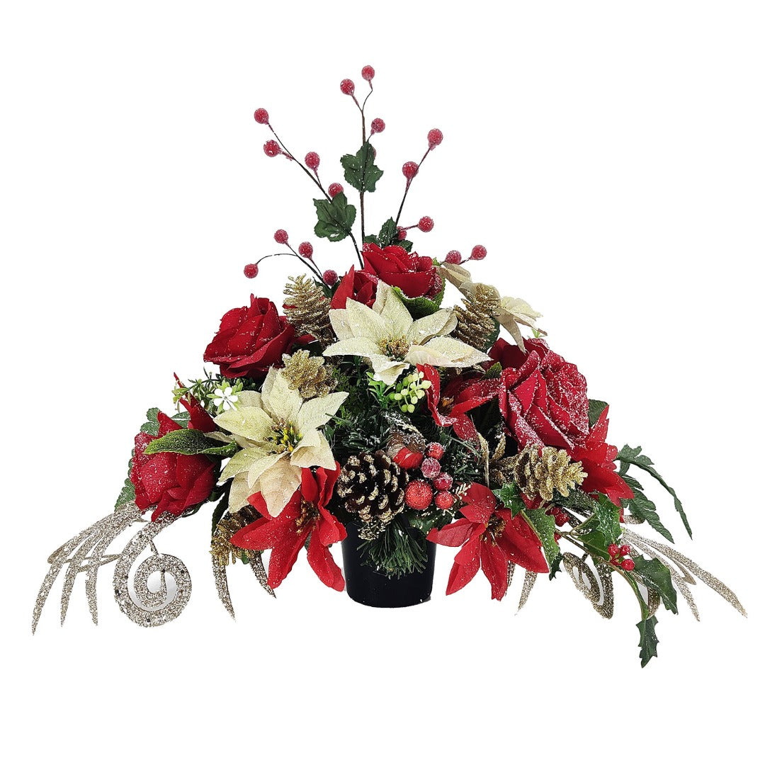 Oriane Christmas Red Gold Poinsettia Artificial Flower Arrangement