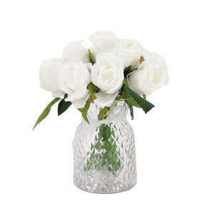 White Bud Rose Artificial Flower Arrangement In Pretty Textured Glass Vase