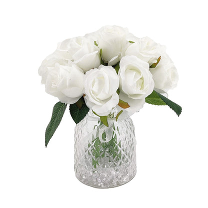 White Bud Rose Artificial Flower Arrangement In Pretty Textured Glass Vase
