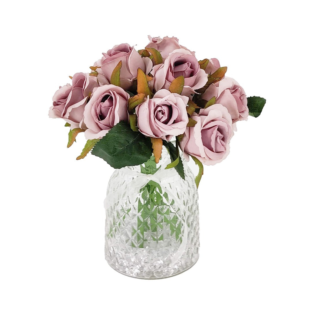 Pink Bud Rose Artificial Flower Arrangement In Pretty Textured Glass Vase