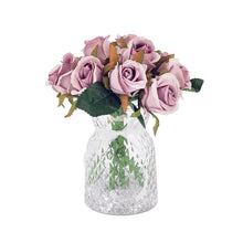 Load image into Gallery viewer, Pink Bud Rose Artificial Flower Arrangement In Pretty Textured Glass Vase