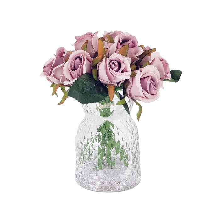 Pink Bud Rose Artificial Flower Arrangement In Pretty Textured Glass Vase