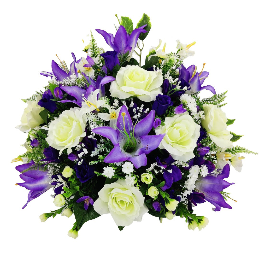Sadie Purple Lily White Rose Artificial Flower Graveside Cemetery Memorial Arrangement