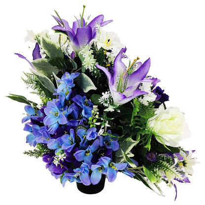 Sadie Purple Lily White Rose Artificial Flower Graveside Cemetery Memorial Arrangement
