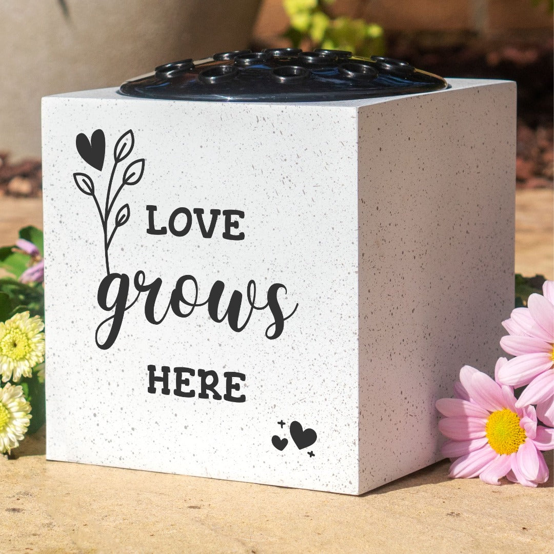 love grows here plant pot Love Grows Here Heart and Floral Grave Memorial Flower Pot Vase – Angraves  Memorials
