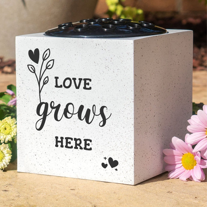 Love Grows Here Heart and Floral Grave Memorial Flower Pot Vase