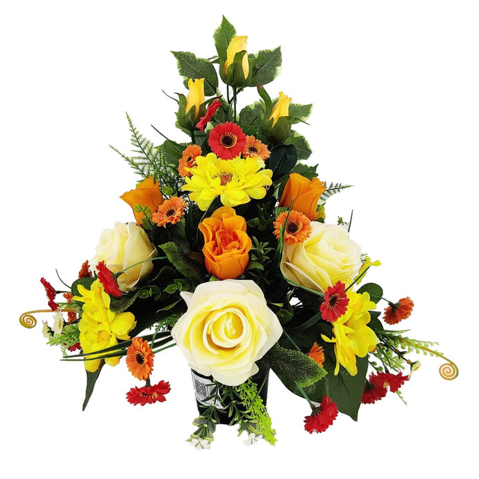 Sunshine Yellow Orange Rose Artificial Flower Memorial Arrangement
