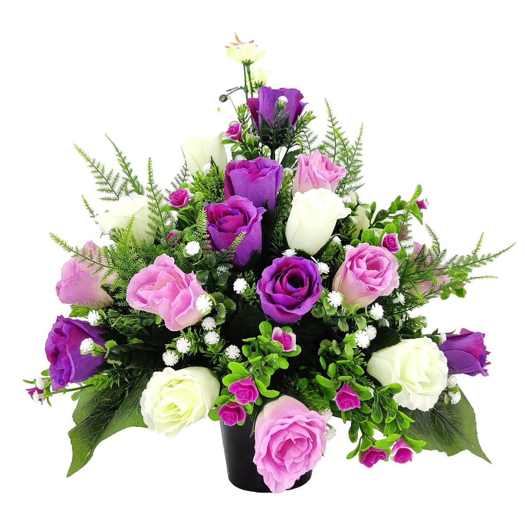 Ione Purple White Rose Artificial Flower Memorial Arrangement ...