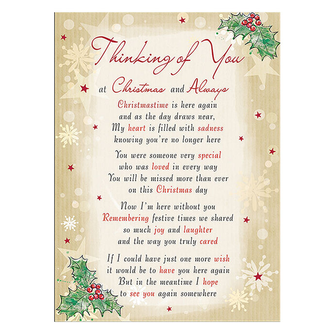 Christmas Memorial Remembrance Plastic Coated Card - Thinking of You at Christmas
