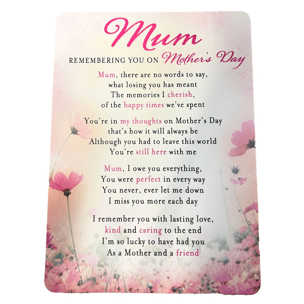 Remembering Mum Mothers Day Memorial Remembrance Verse Plastic Coated Grave Graveside Card
