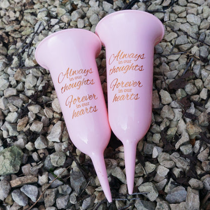 Set of 2 Pink and Gold Forever in Our Hearts Fluted Spiked Memorial Grave Flower Vases
