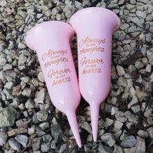 Load image into Gallery viewer, Set of 2 Pink and Gold Forever in Our Hearts Fluted Spiked Memorial Grave Flower Vases