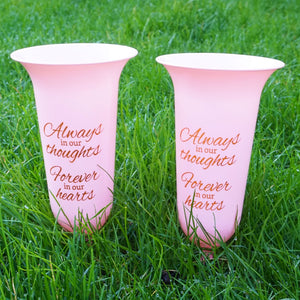 Set of 2 Pink and Gold Forever in Our Hearts Fluted Spiked Memorial Grave Flower Vases