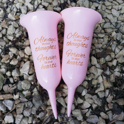 Set of 2 Pink and Gold Forever in Our Hearts Fluted Spiked Memorial Grave Flower Vases