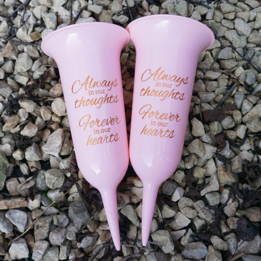 Set of 2 Pink and Gold Forever in Our Hearts Fluted Spiked Memorial Grave Flower Vases