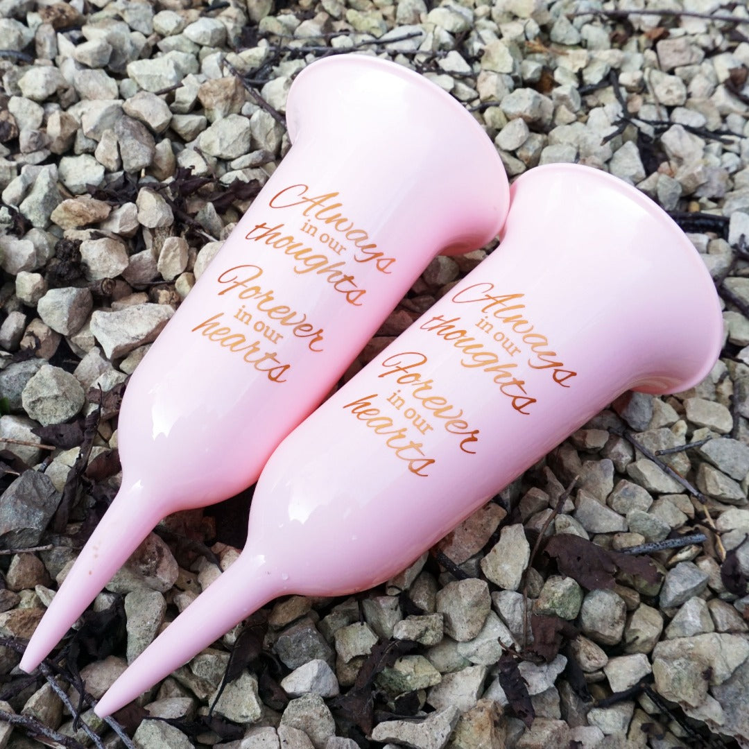 Set of 2 Pink and Gold Forever in Our Hearts Fluted Spiked Memorial Grave Flower Vases
