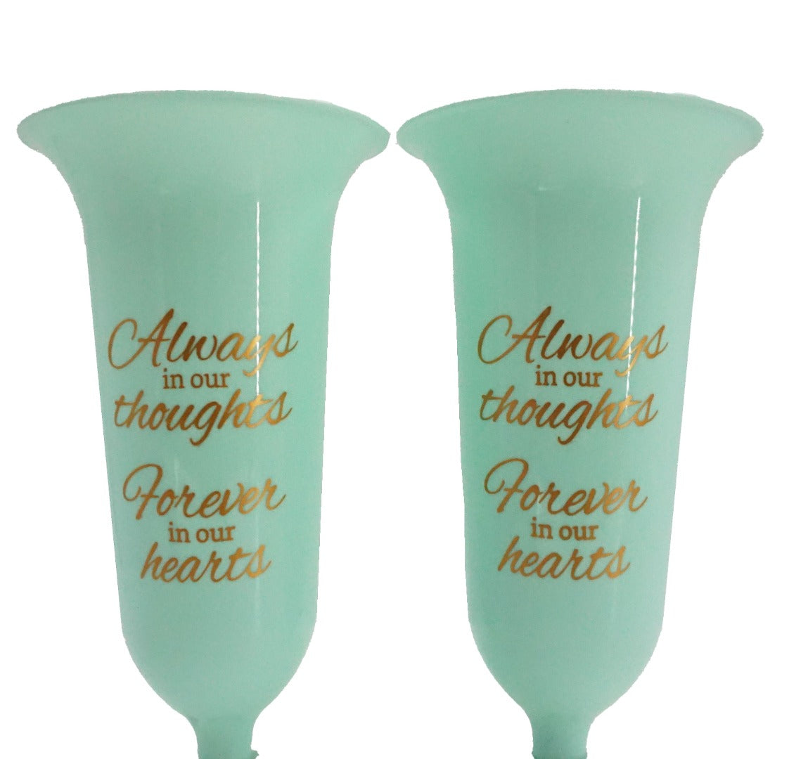 Set of 2 Forever in Our Hearts Fluted Spiked Memorial Grave Cemetery Flower Vases