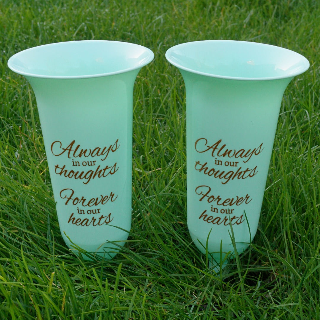 Set of 2 Forever in Our Hearts Fluted Spiked Memorial Grave Cemetery Flower Vases