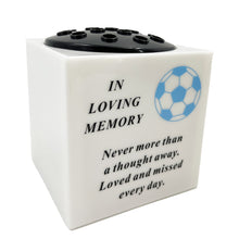 Load image into Gallery viewer, Blue Football In Loving Memory Memorial Graveside White Plastic Flower Vase