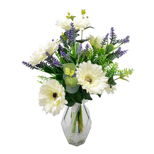White Gerbera Artificial Flower Arrangement In Pretty Geometric Glass Vase (41cm)