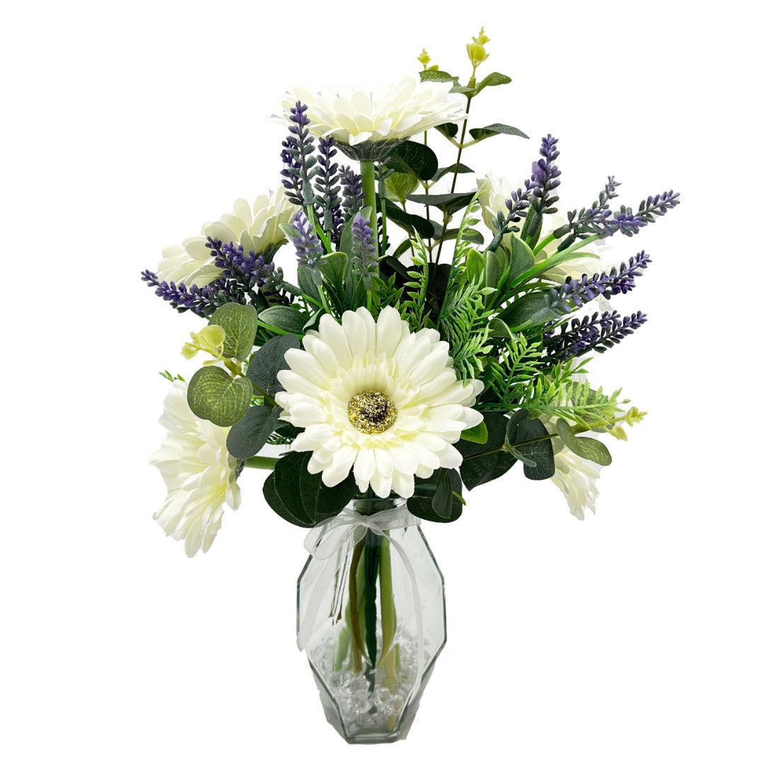 White Gerbera Artificial Flower Arrangement In Pretty Geometric Glass Vase (41cm)