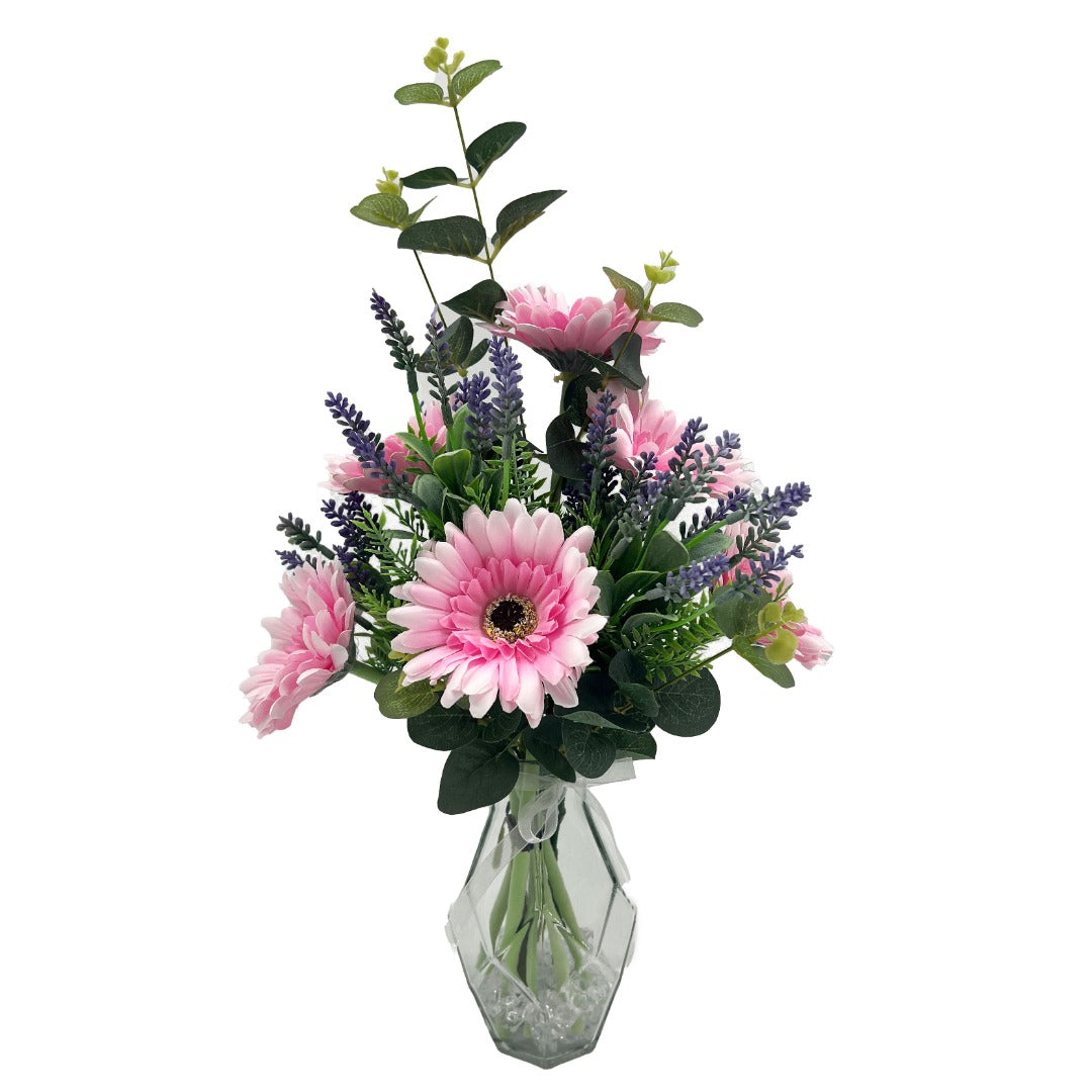 Pink Gerbera Artificial Flower Arrangement In Pretty Geometric Glass Vase (41cm)