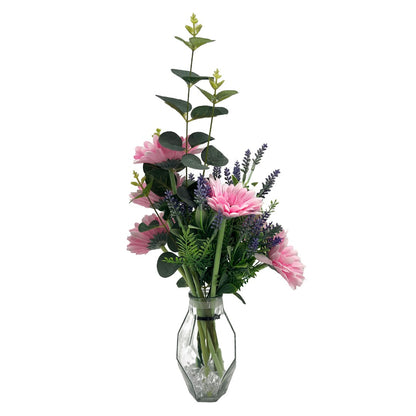 Pink Gerbera Artificial Flower Arrangement In Pretty Geometric Glass Vase (41cm)