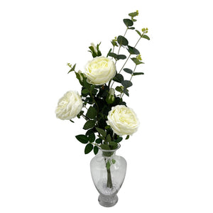 Supreme English White Rose Artificial Flower Arrangement In Pretty Glass Vase (70cm) Home Decoration