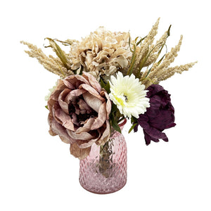 Vintage Oyster and Mauve Peony Artificial Flower Arrangement In Pretty Glass Vase (36cm) Home Decoration
