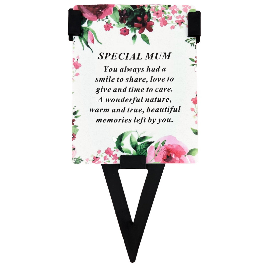 Special Mum Flower Memorial Remembrance Verse Plastic Coated Graveside Card and Stand Stake