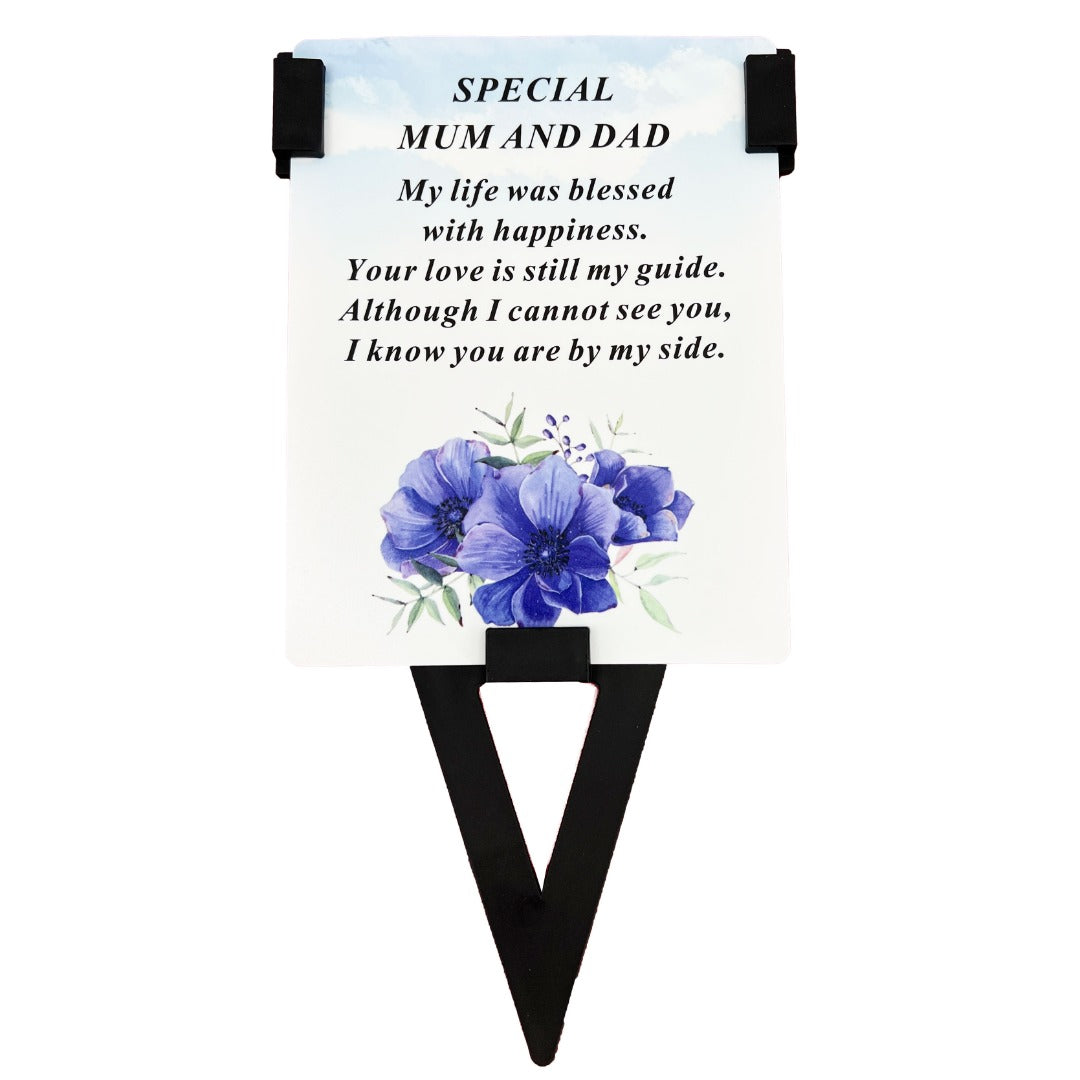 Special Mum and Dad Flower Memorial Remembrance Verse Plastic Coated Grave Card and Stand