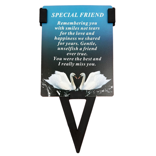 Special Friend Swan Memorial Remembrance Verse Plastic Coated Grave Card and Stand