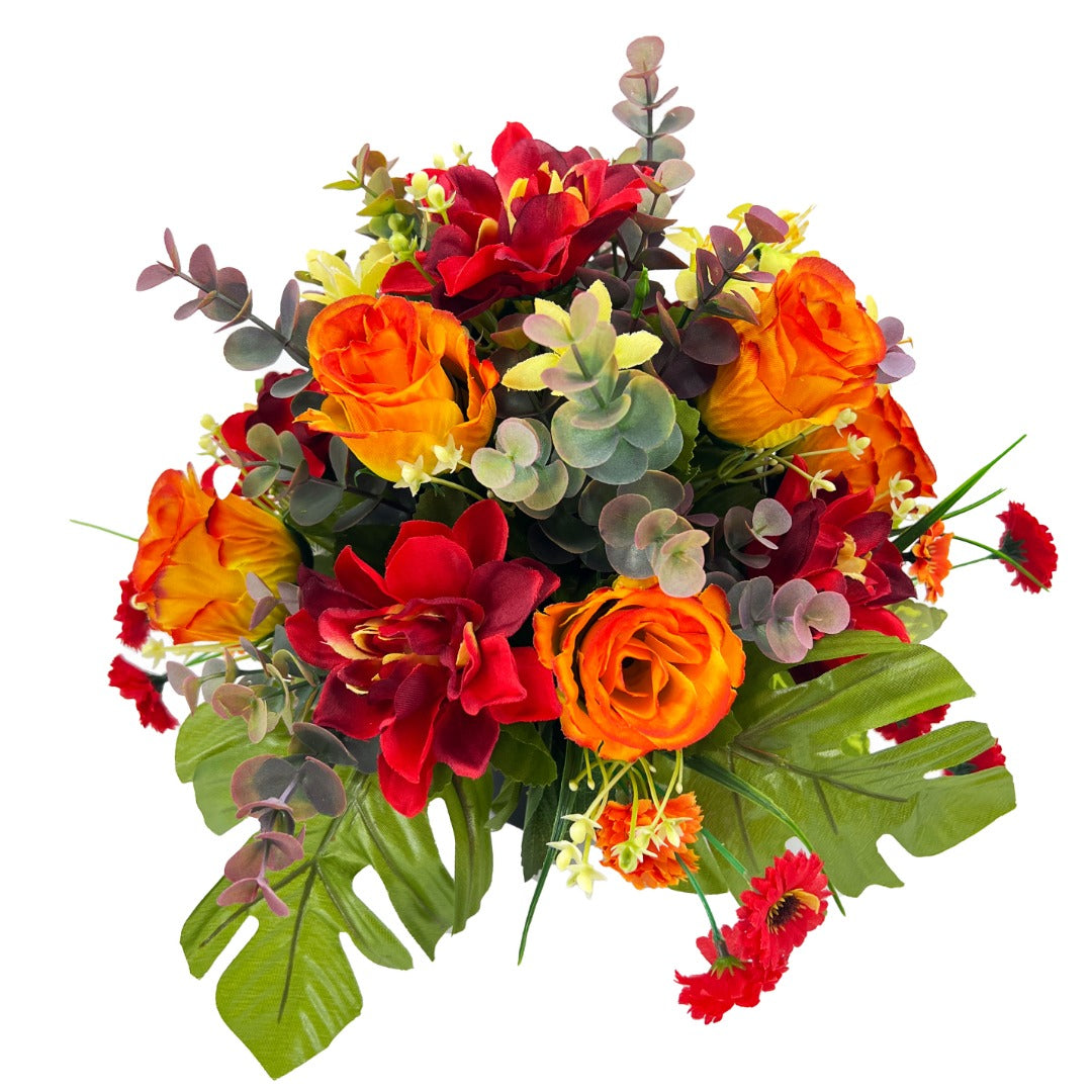 Etta Orange Red Rose Dahlia Artificial Flower Graveside Cemetery Memorial Arrangement