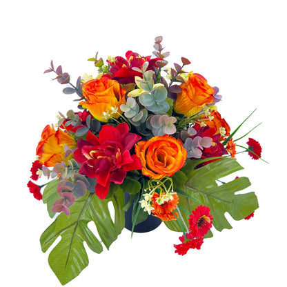 Etta Orange Red Rose Dahlia Artificial Flower Graveside Cemetery Memorial Arrangement