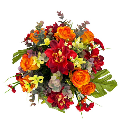 Etta Orange Red Rose Dahlia Artificial Flower Graveside Cemetery Memorial Arrangement