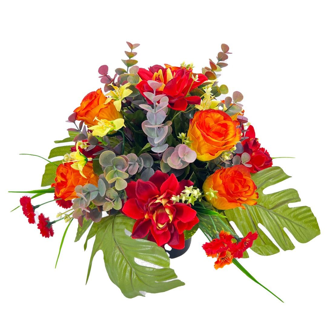 Etta Orange Red Rose Dahlia Artificial Flower Graveside Cemetery Memorial Arrangement