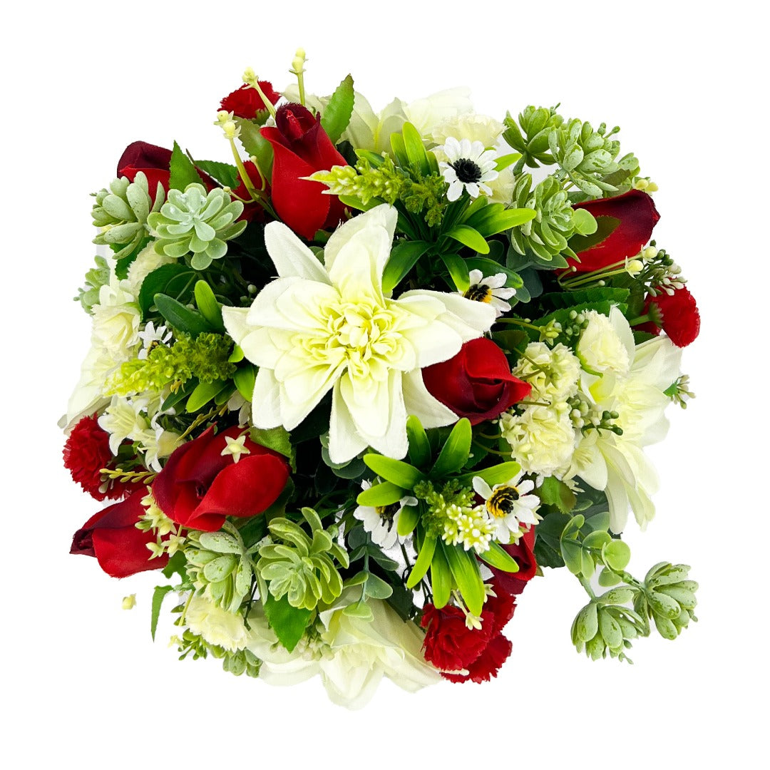Kelly Red Rose White Dahlia Artificial Flower Graveside Cemetery Memorial Arrangement