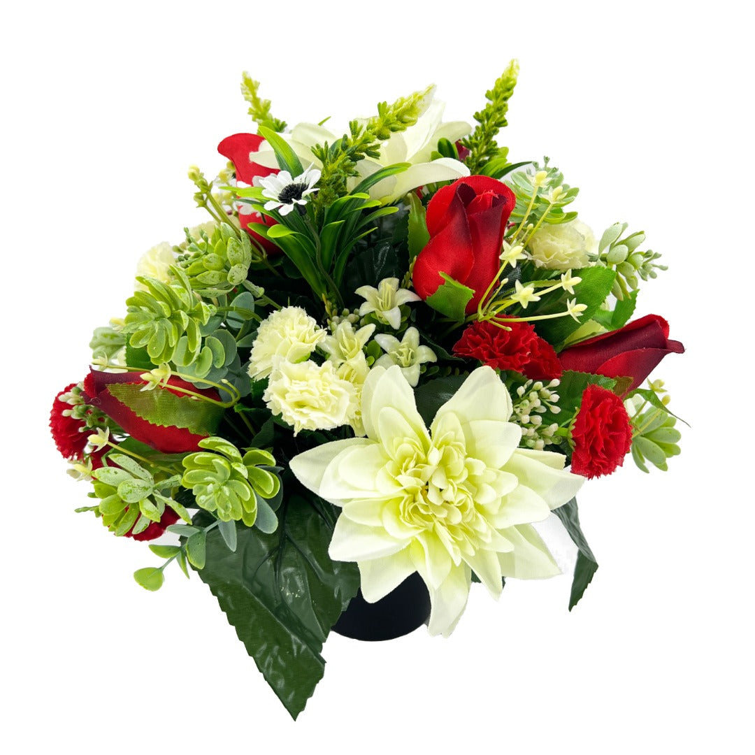 Kelly Red Rose White Dahlia Artificial Flower Graveside Cemetery Memorial Arrangement