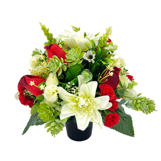 Kelly Red Rose White Dahlia Artificial Flower Graveside Cemetery Memorial Arrangement