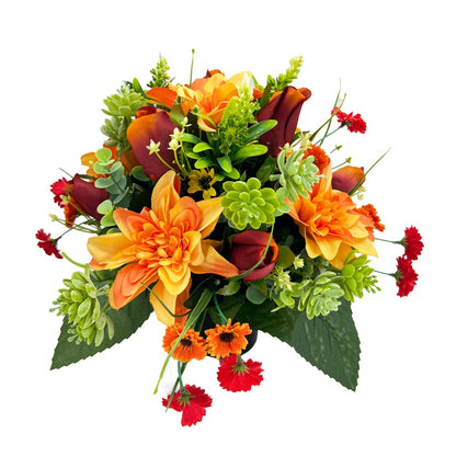 Autumn Orange Dahlia Red Rose Artificial Flower Graveside Cemetery Memorial Arrangement