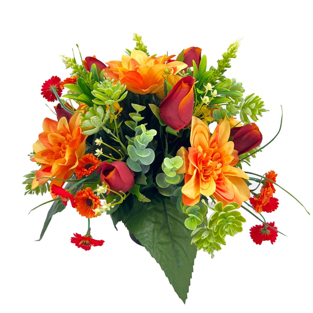 Autumn Orange Dahlia Red Rose Artificial Flower Graveside Cemetery Memorial Arrangement