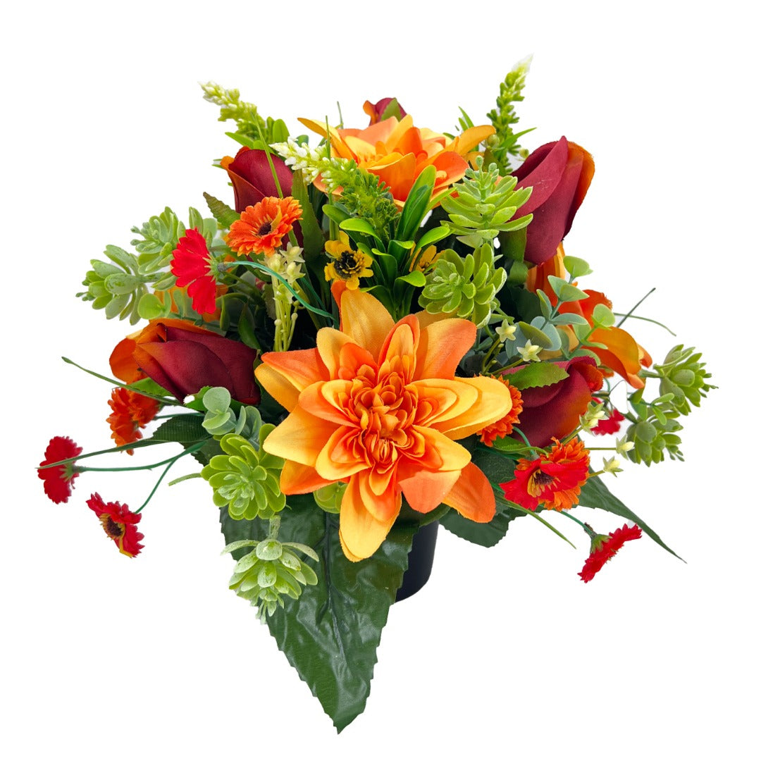 Autumn Orange Dahlia Red Rose Artificial Flower Graveside Cemetery Memorial Arrangement