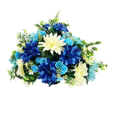 Load image into Gallery viewer, Evelyn Blue White Dahlia Artificial Flower Graveside Cemetery Memorial Arrangement