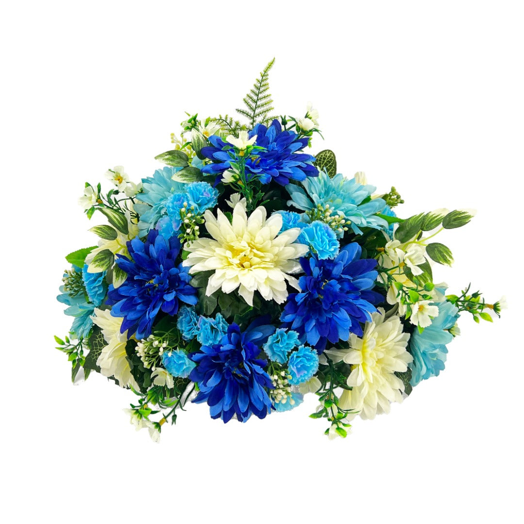 Evelyn Blue White Dahlia Artificial Flower Graveside Cemetery Memorial Arrangement