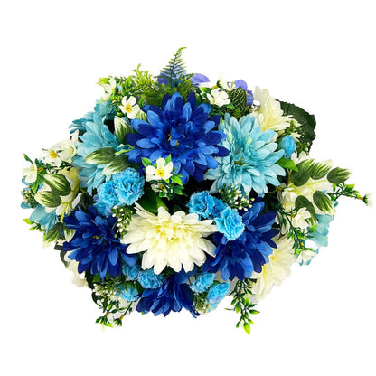 Evelyn Blue White Dahlia Artificial Flower Graveside Cemetery Memorial Arrangement