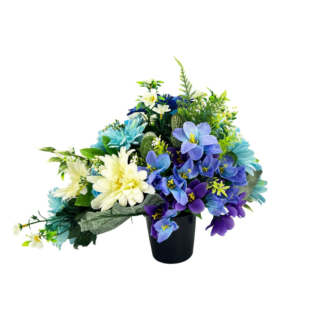 Evelyn Blue White Dahlia Artificial Flower Graveside Cemetery Memorial Arrangement
