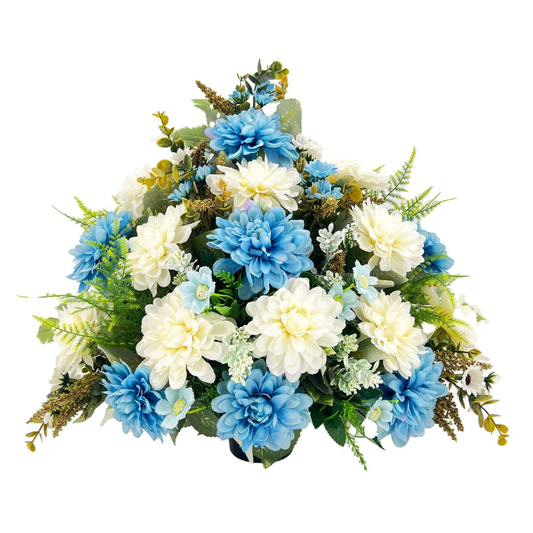 Athena Large Blue & White Dahlia Graveside Memorial Flower Arrangement